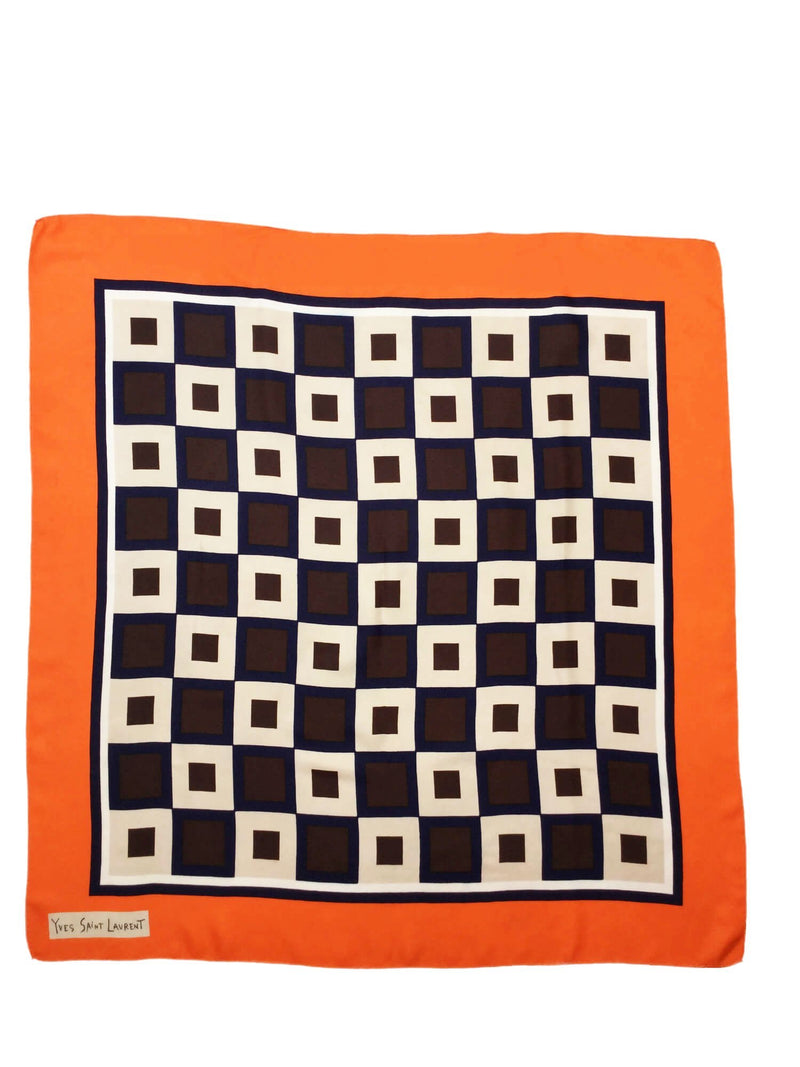 100% Multicolor Silk Navy Blue Orange White Geometrical Scarf-designer resale