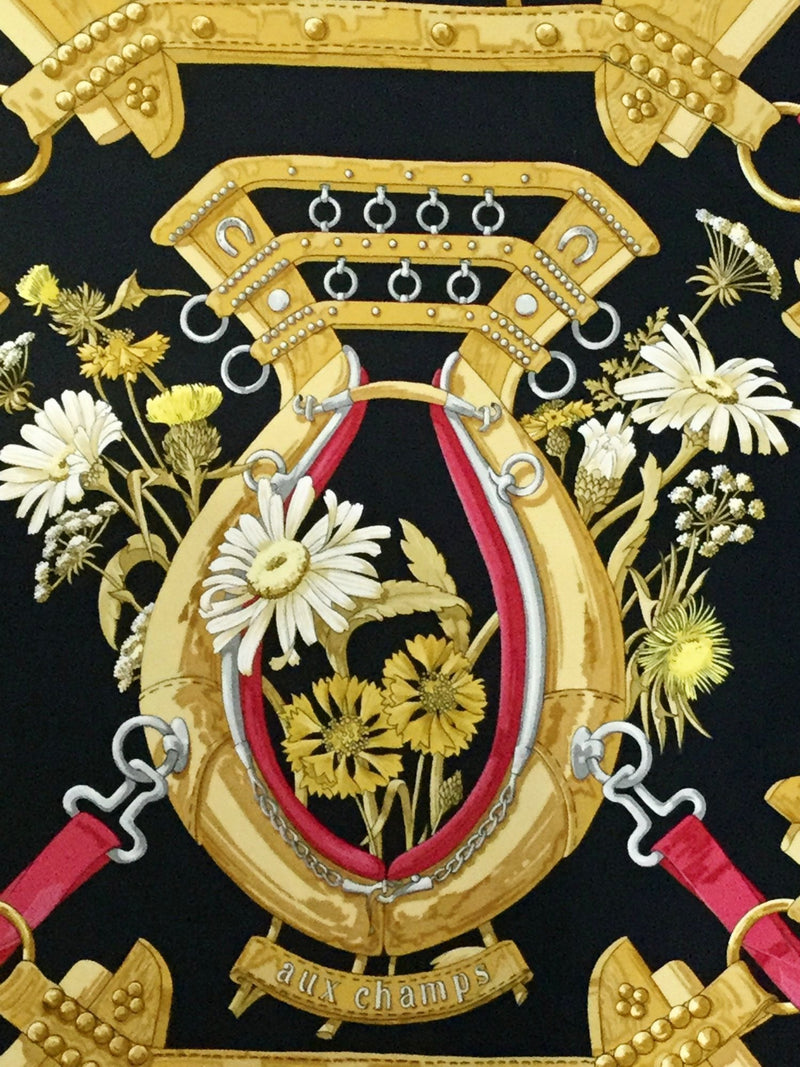 100% Silk Aux Champs Black Gold Red Scarf-designer resale