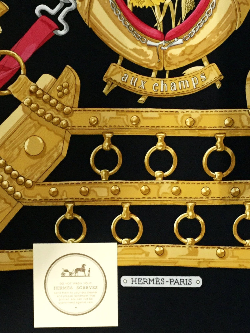 100% Silk Aux Champs Black Gold Red Scarf-designer resale