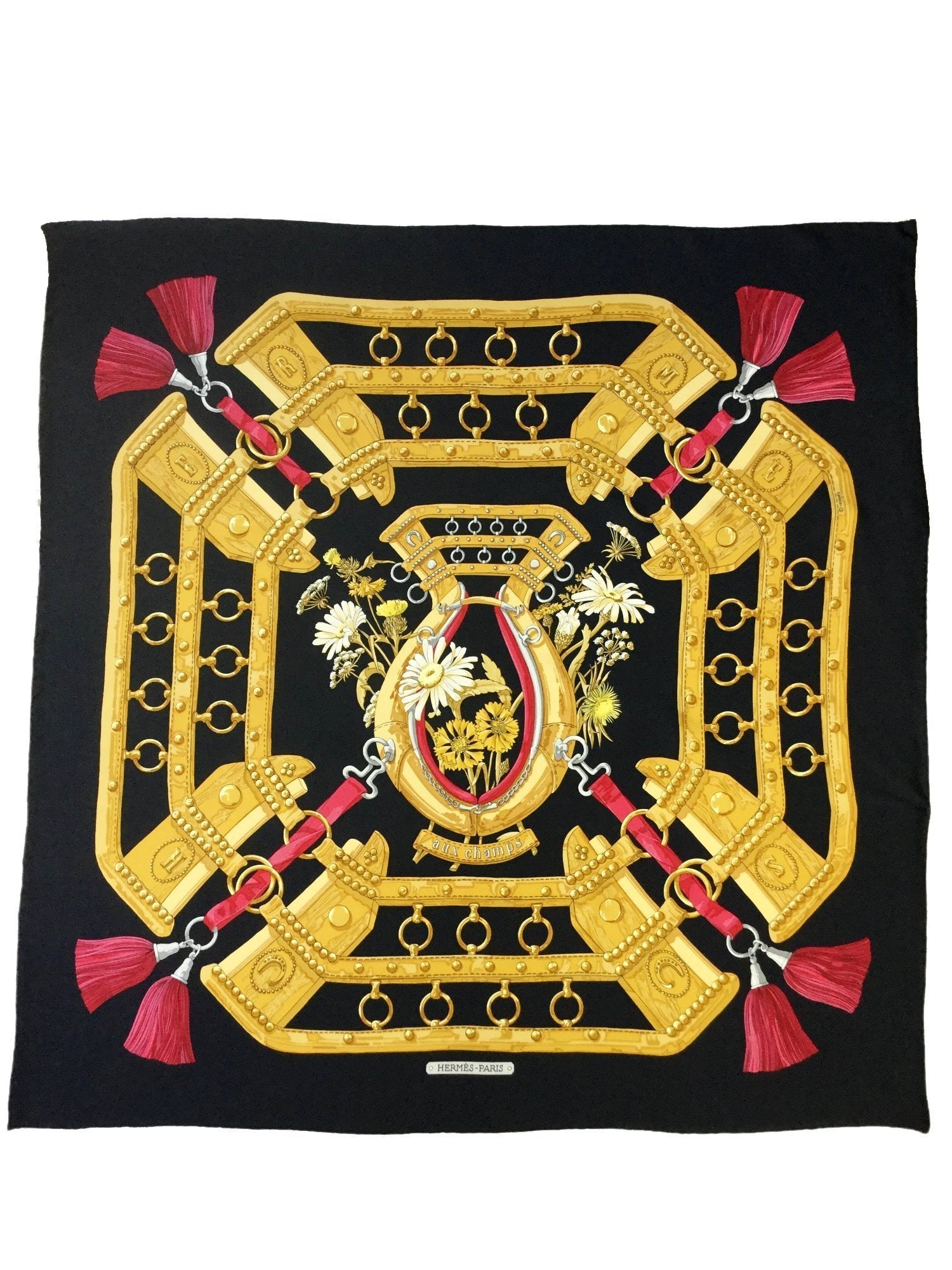 100% Silk Aux Champs Black Gold Red Scarf-designer resale