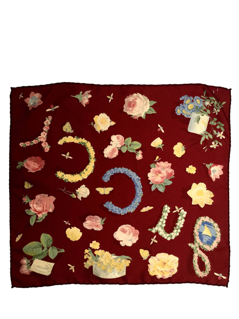 100% Silk Blooms Floral Burgundy Multicolor Scarf-designer resale