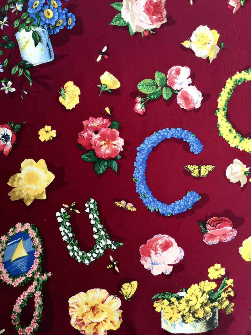 100% Silk Blooms Floral Burgundy Multicolor Scarf-designer resale