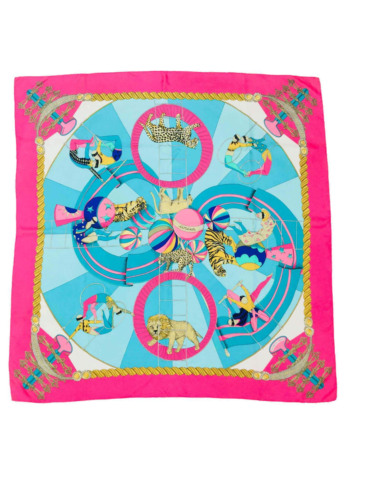 100% Silk Circus Aqua Gold Pink Scarf-designer resale