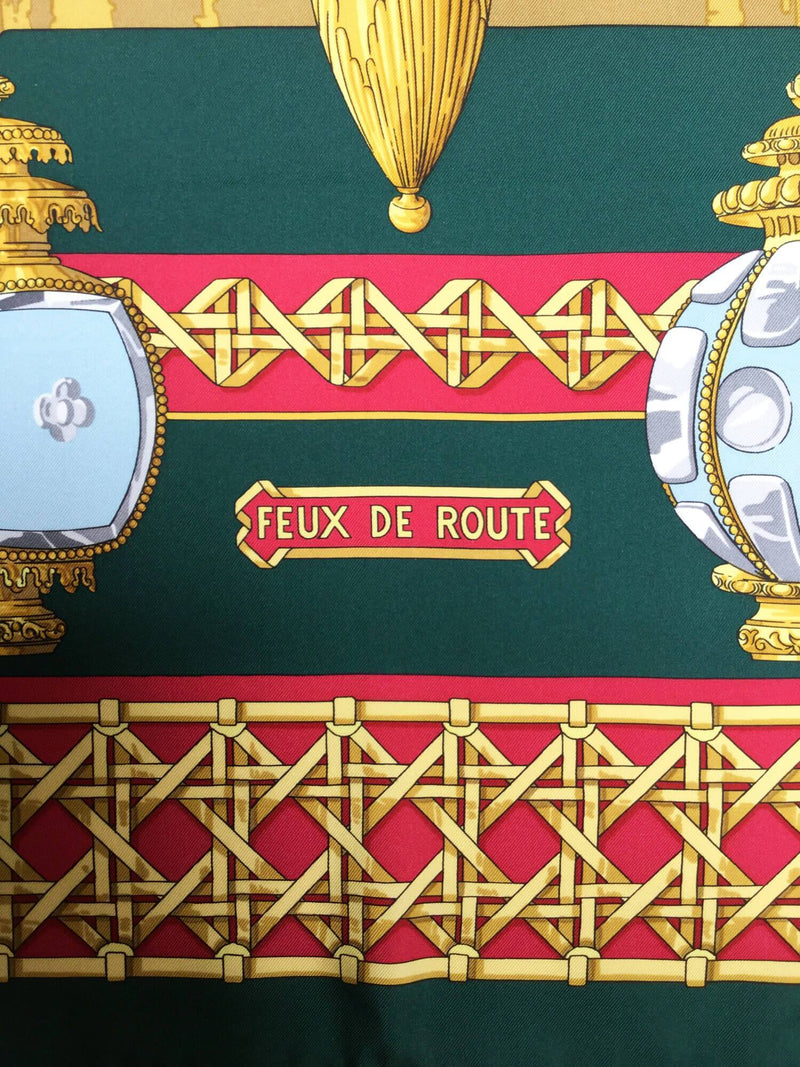100% Silk Feux De Route Green Gold Red Scarf-designer resale
