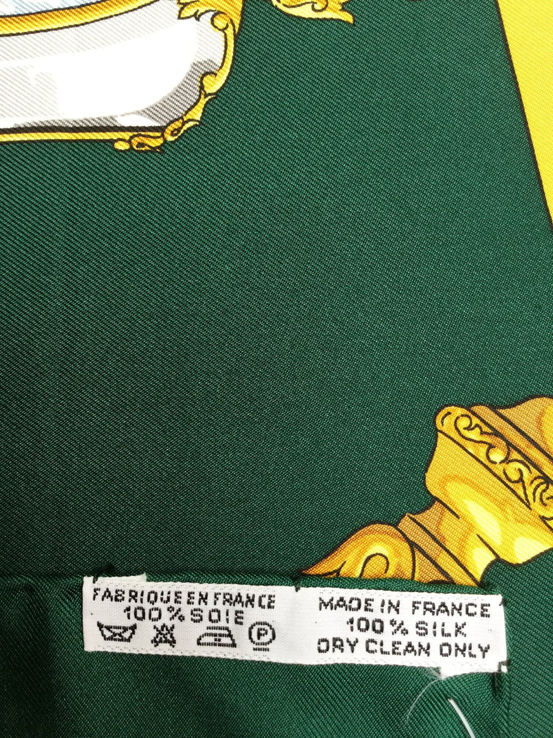 100% Silk Feux De Route Green Gold Red Scarf-designer resale