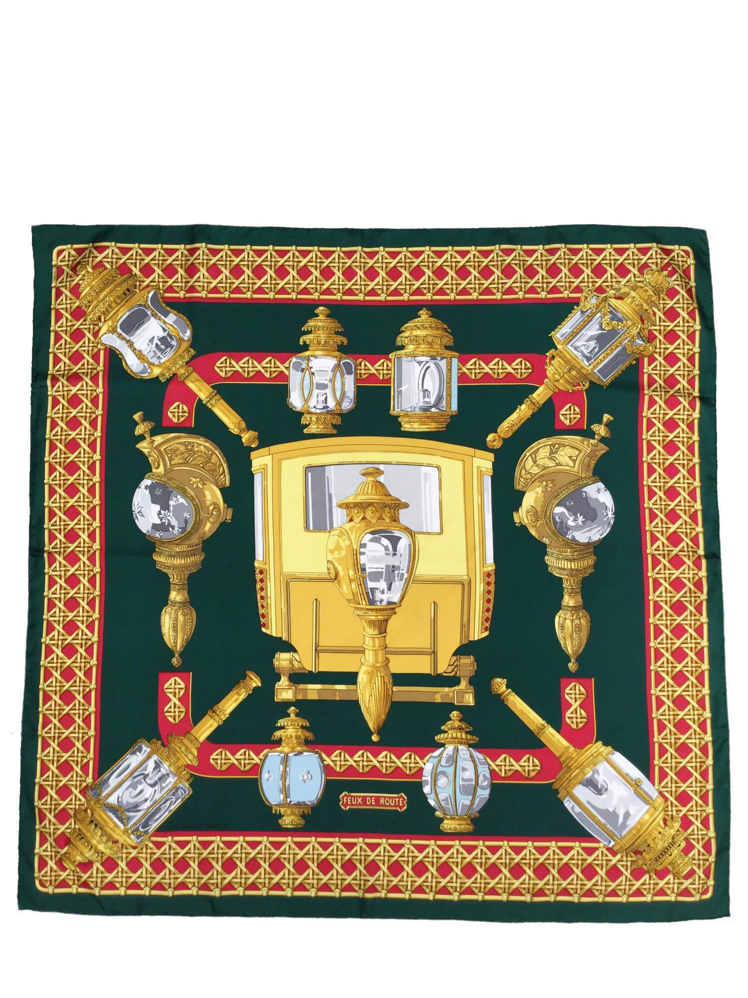 100% Silk Feux De Route Green Gold Red Scarf-designer resale