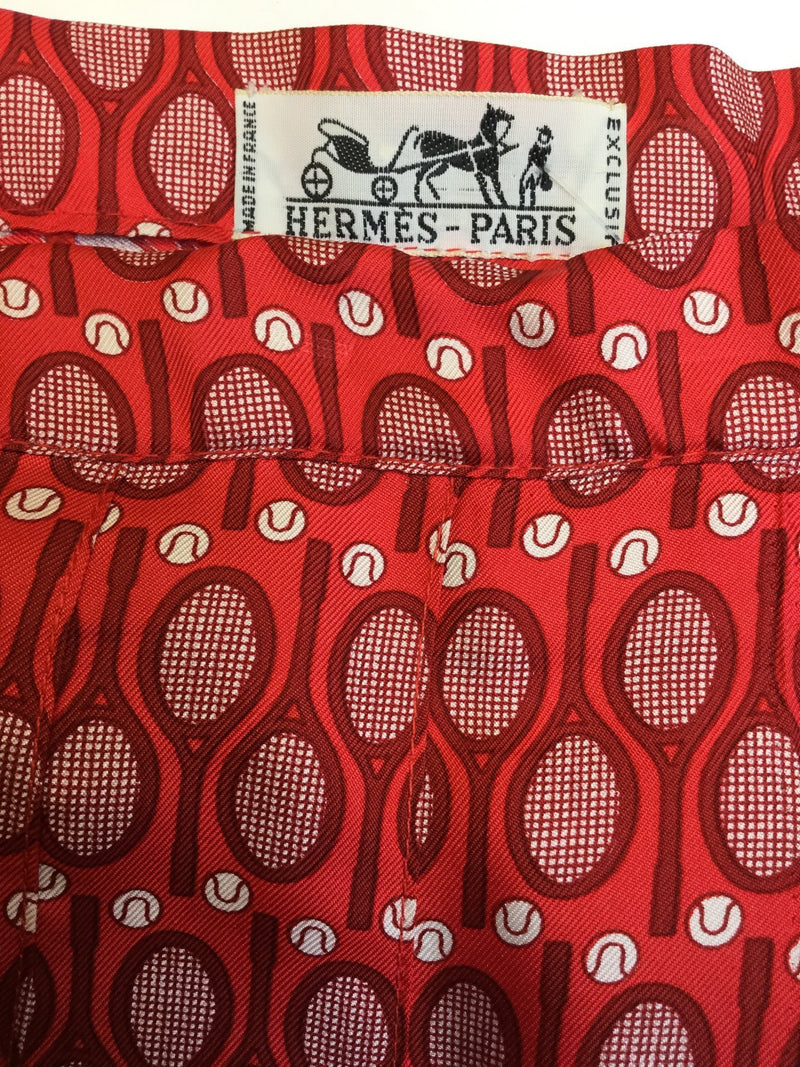 100% Silk Red Midi Pleated Skirt with Tennis Motif-designer resale