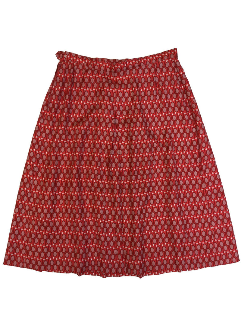 100% Silk Red Midi Pleated Skirt with Tennis Motif-designer resale