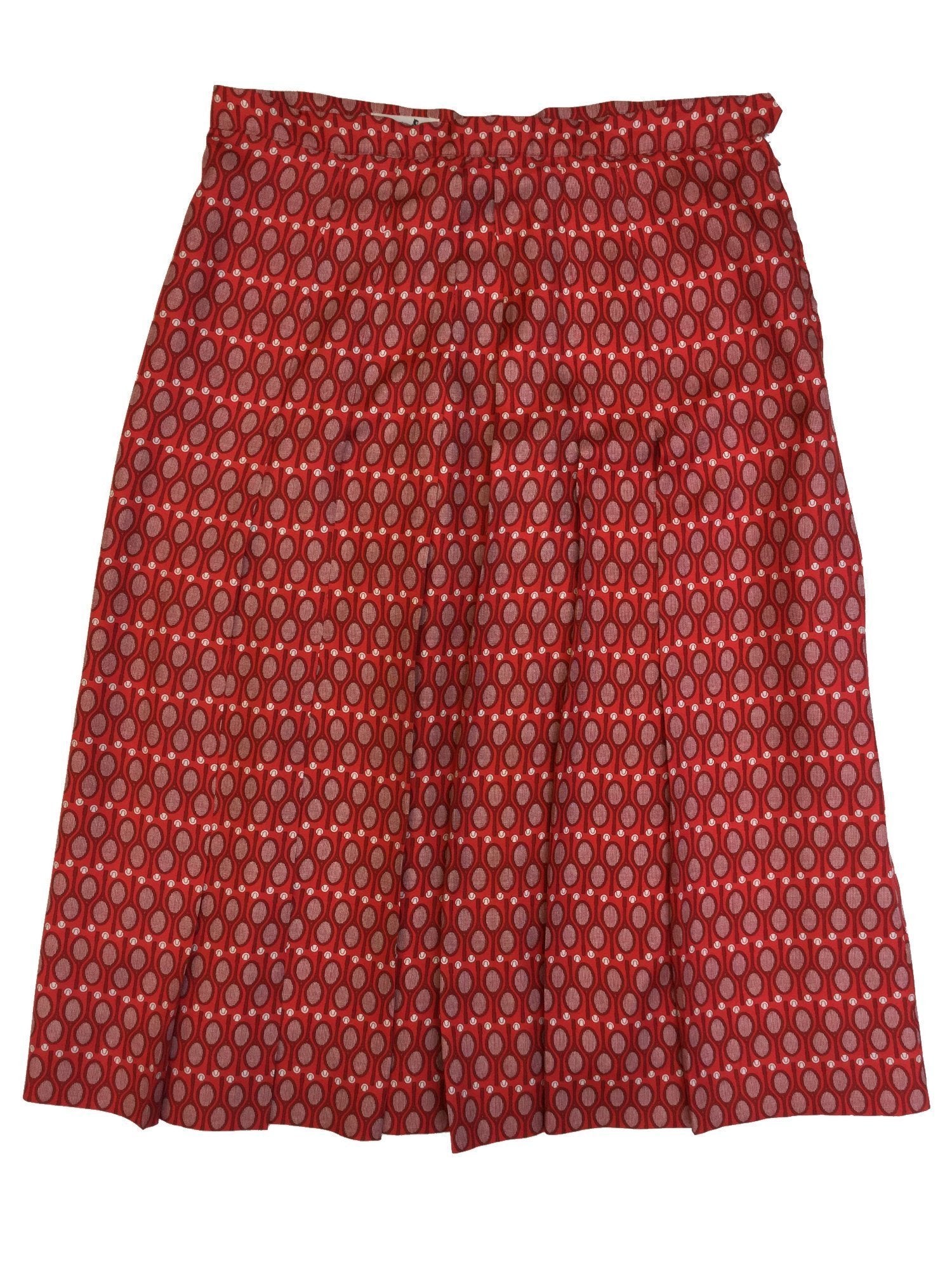 100% Silk Red Midi Pleated Skirt with Tennis Motif-designer resale