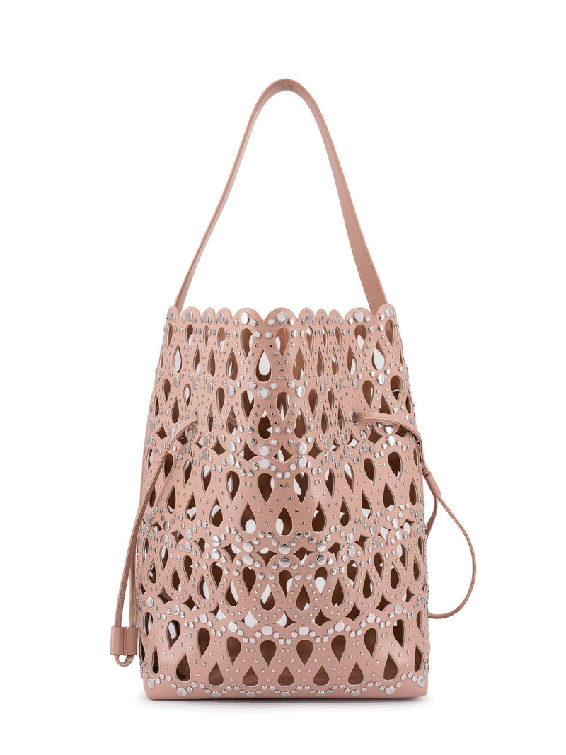 Alaia Laser Cut Leather Studded Shoulder Bag Pink-designer resale