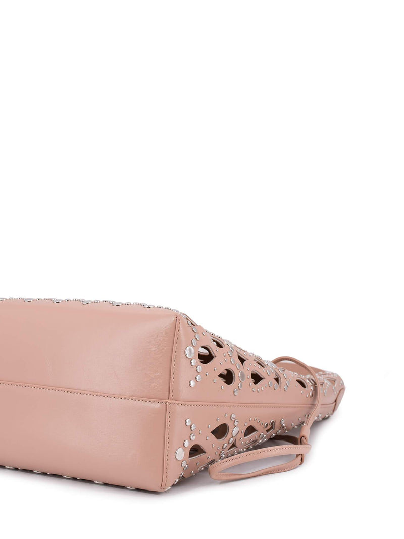 Alaia Laser Cut Leather Studded Shoulder Bag Pink-designer resale