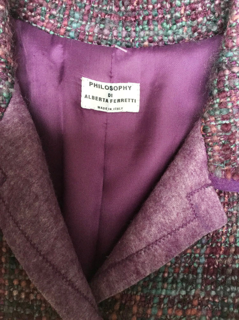 Alberta Ferretti Tweed Fitted Fringe Coat Purple-designer resale