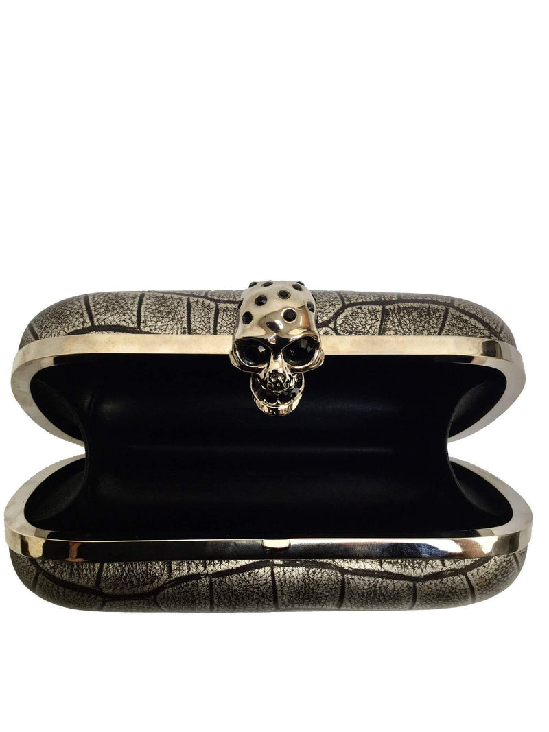 Alexander McQueen Calfskin Skull Box Clutch Silver Grey-designer resale