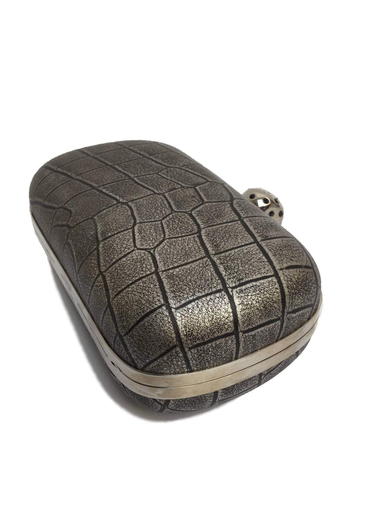 Alexander McQueen Calfskin Skull Box Clutch Silver Grey-designer resale