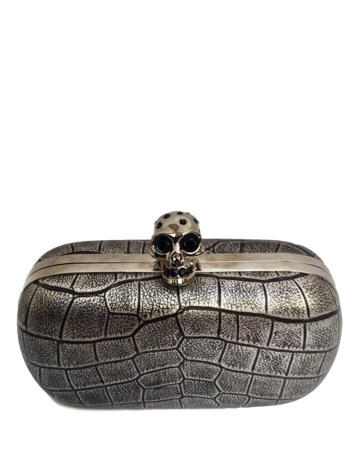 Alexander McQueen Calfskin Skull Box Clutch Silver Grey-designer resale