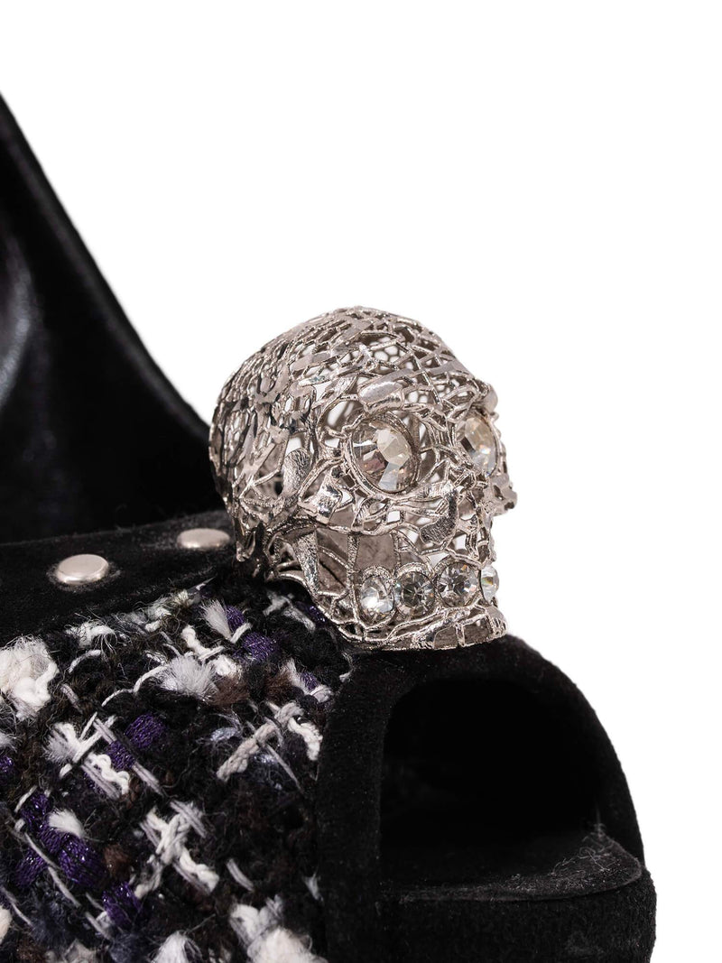 Alexander McQueen Tweed Studded Skull Shoes Black White-designer resale