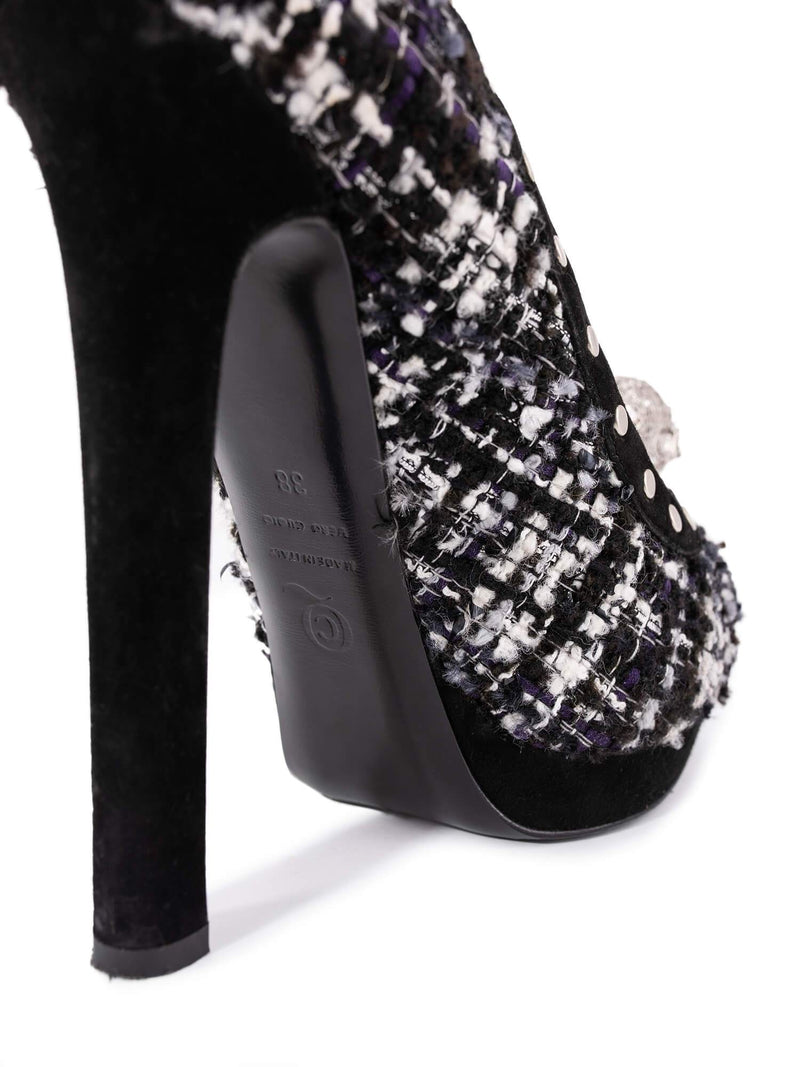 Alexander McQueen Tweed Studded Skull Shoes Black White-designer resale