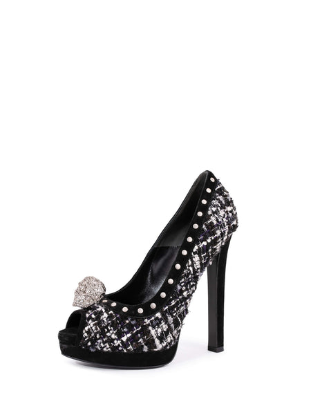 Alexander McQueen Tweed Studded Skull Shoes Black White Alexander McQueen Tweed Studded Skull Shoes Black White