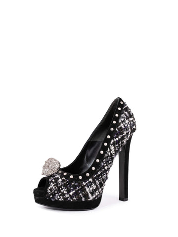 Alexander McQueen Tweed Studded Skull Shoes Black White-designer resale
