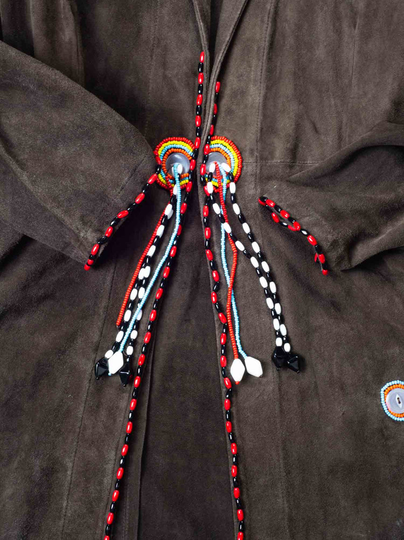 Anna Trzebinski Suede Leather Beaded A Line Coat Brown-designer resale
