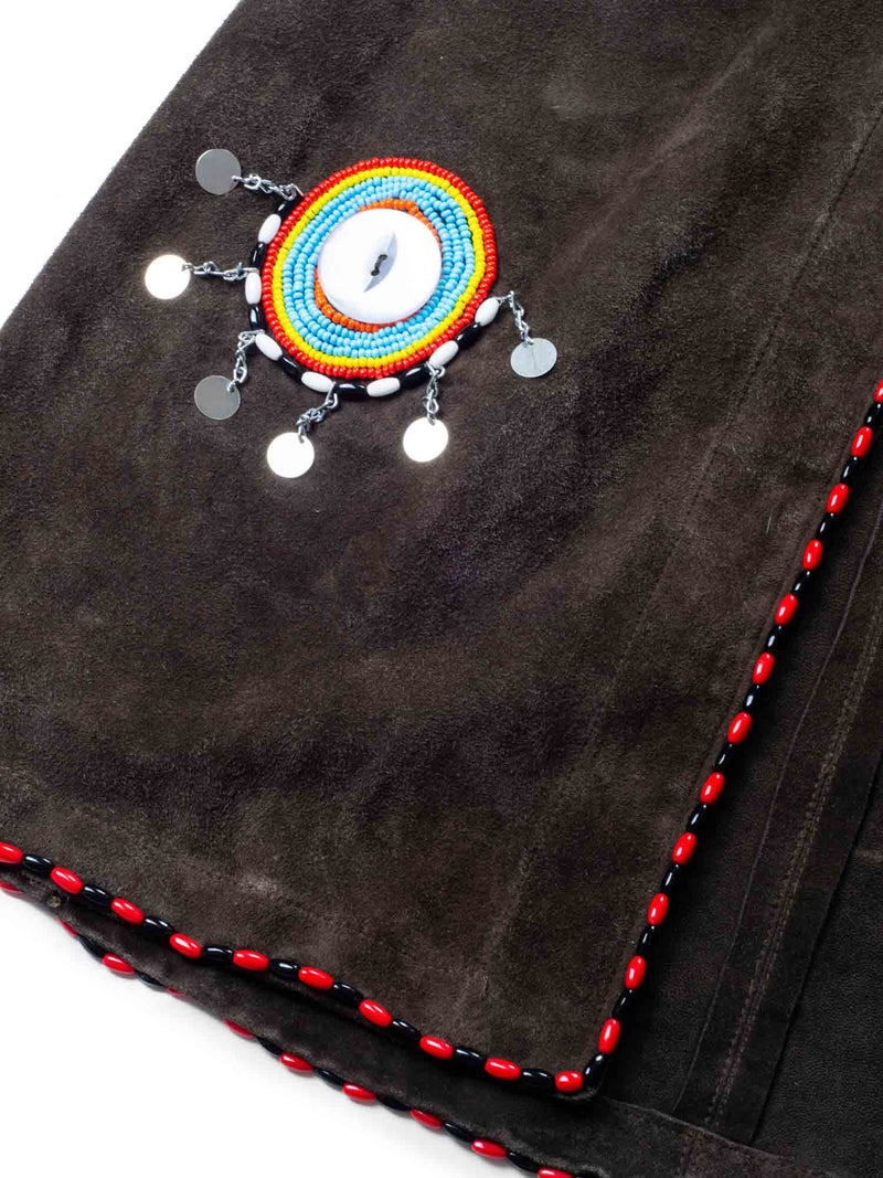 Anna Trzebinski Suede Leather Beaded A Line Coat Brown-designer resale