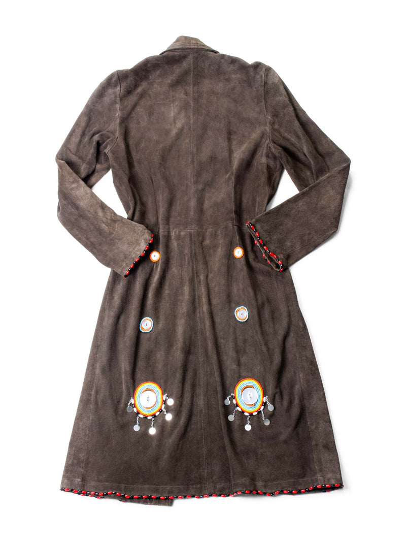 Anna Trzebinski Suede Leather Beaded A Line Coat Brown-designer resale