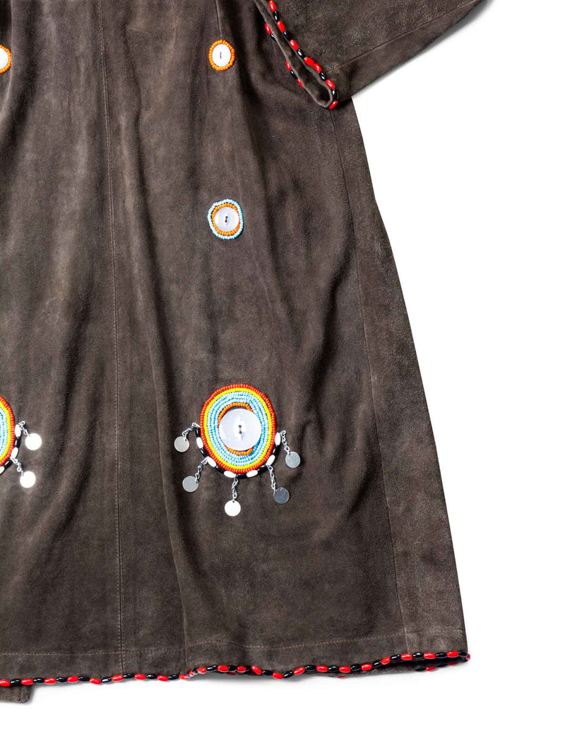 Anna Trzebinski Suede Leather Beaded A Line Coat Brown-designer resale