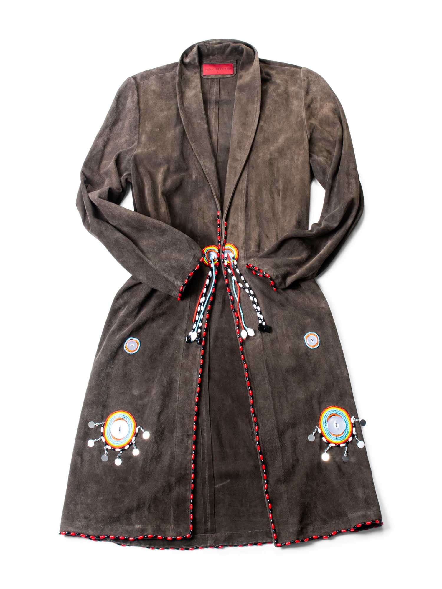 Anna Trzebinski Suede Leather Beaded A Line Coat Brown-designer resale