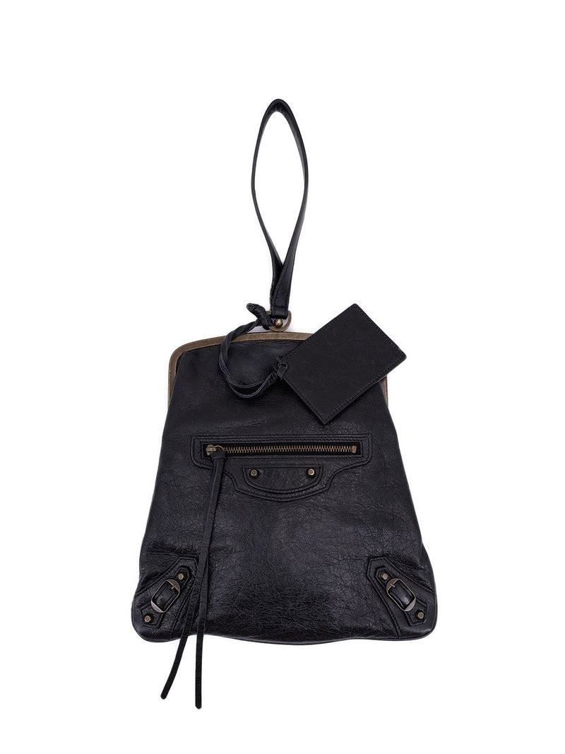 Balenciaga Leather City Wristlet Bag Black-designer resale