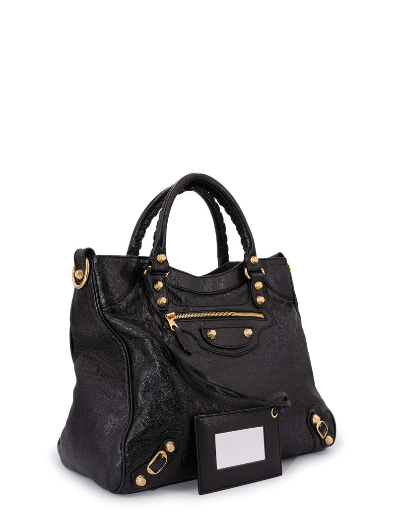 Balenciaga Leather Gold City Shoulder Bag Black-designer resale