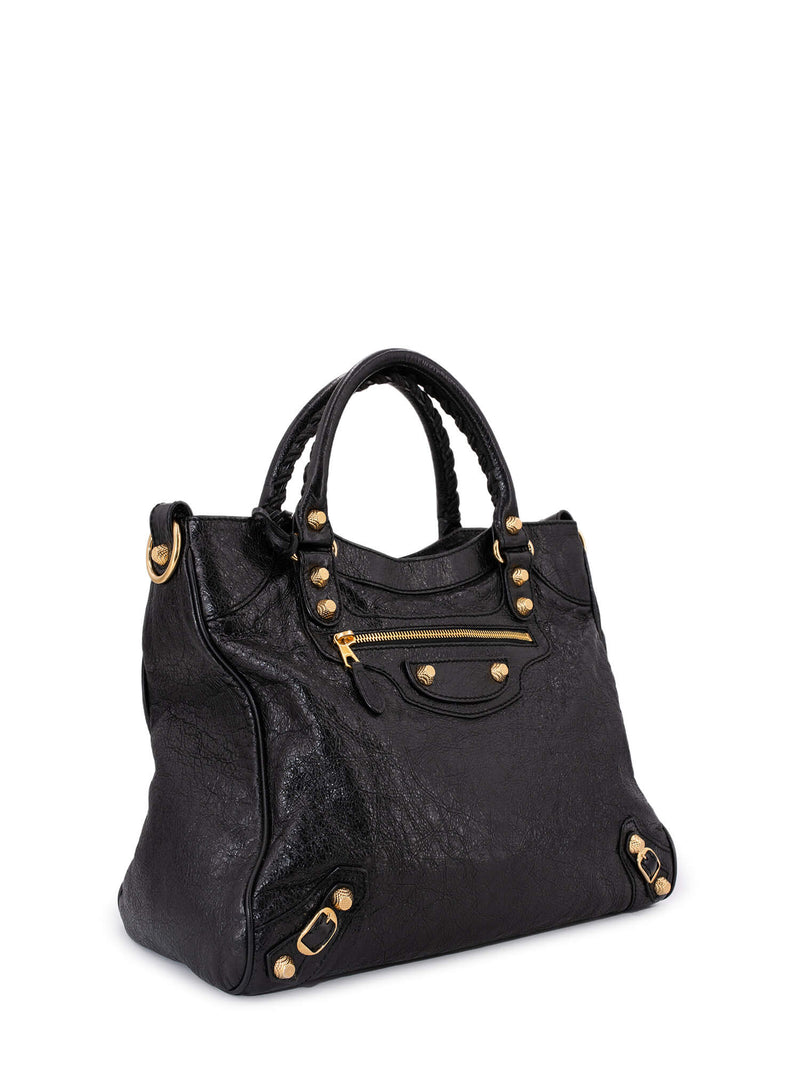 Balenciaga Leather Gold City Shoulder Bag Black-designer resale