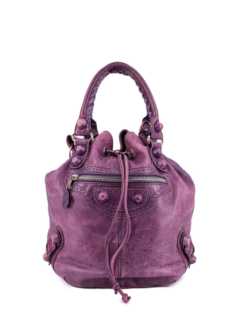 Balenciaga Leather Large Pompon Bucket Bag Purple-designer resale