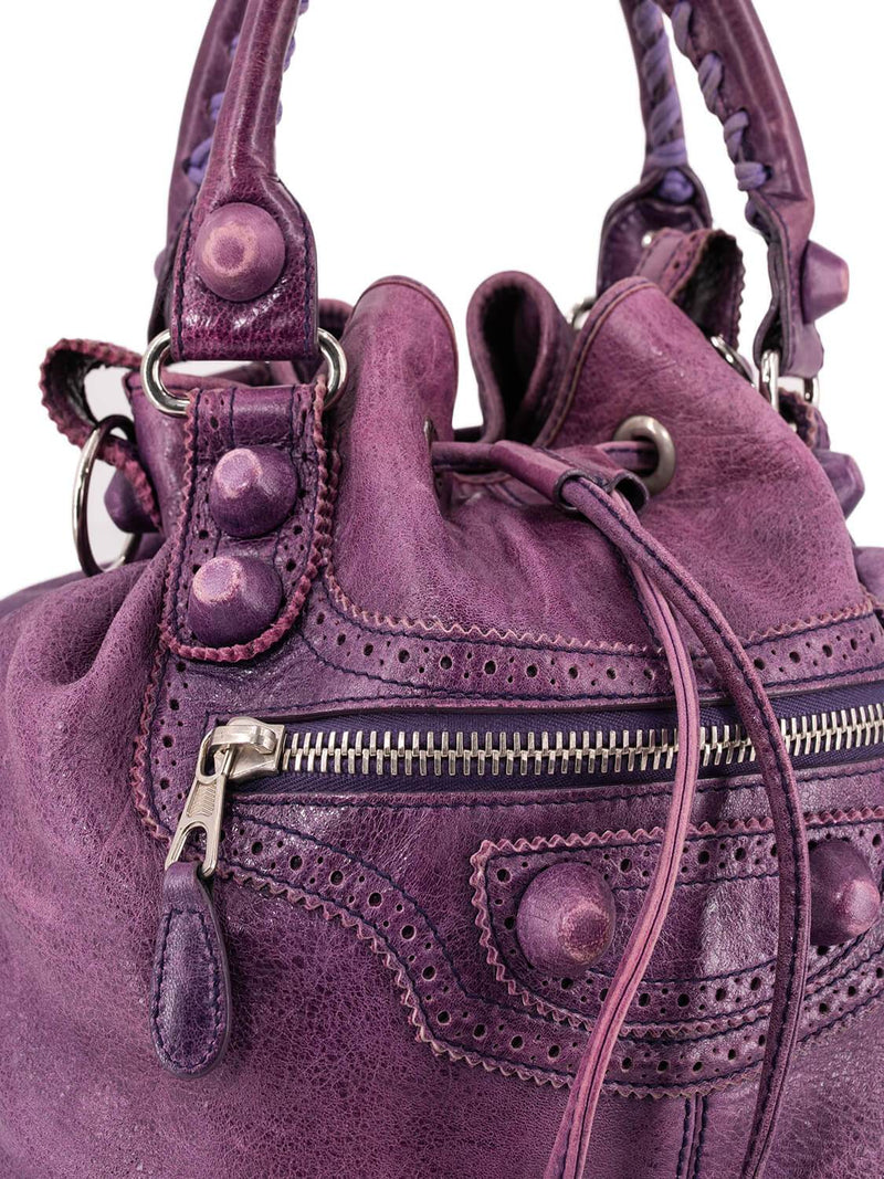 Balenciaga Leather Large Pompon Bucket Bag Purple-designer resale