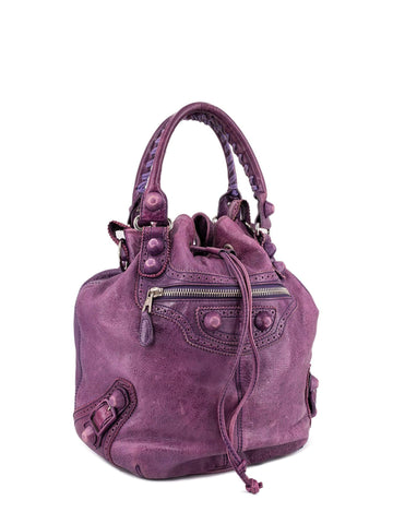 Balenciaga Leather Large Pompon Bucket Bag Purple-designer resale