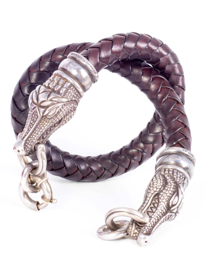 Barry Kieselstein-Cord Silver Double Alligator Head Braided Leather Necklace-designer resale