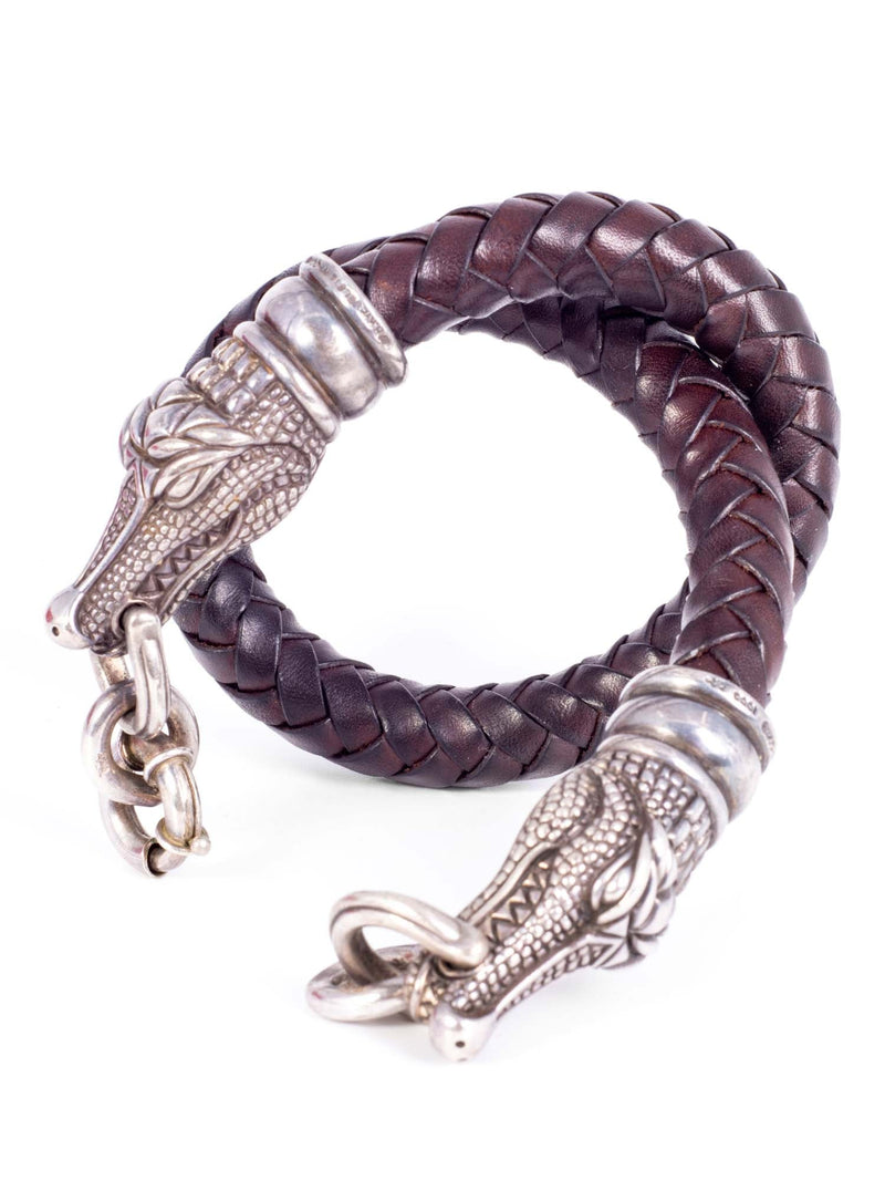 Barry Kieselstein-Cord Silver Double Alligator Head Braided Leather Necklace-designer resale