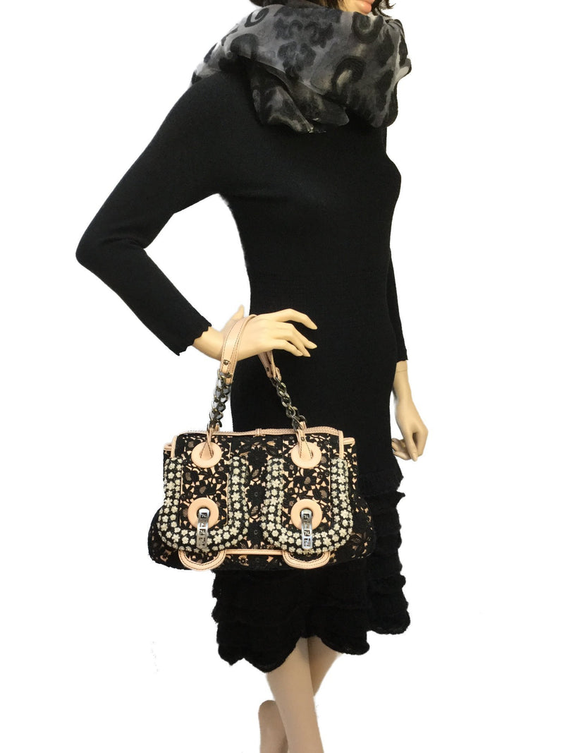 Beaded Nude Leather Black Floral Lace Flap Bag-designer resale