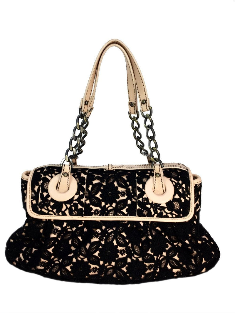 Beaded Nude Leather Black Floral Lace Flap Bag-designer resale