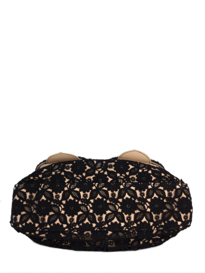 Beaded Nude Leather Black Floral Lace Flap Bag-designer resale