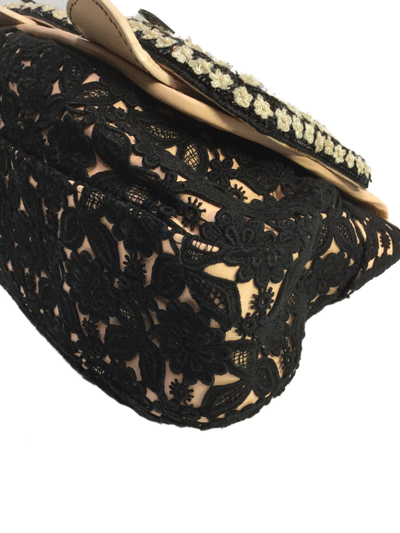 Beaded Nude Leather Black Floral Lace Flap Bag-designer resale