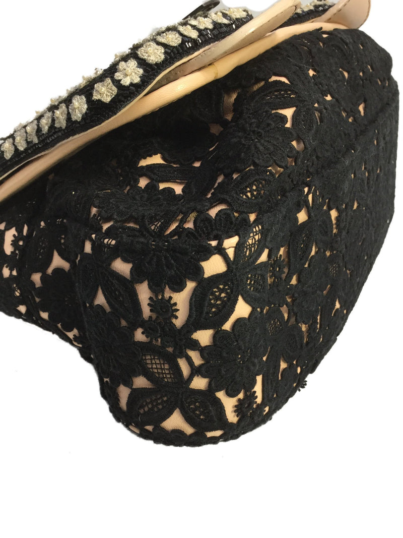 Beaded Nude Leather Black Floral Lace Flap Bag-designer resale