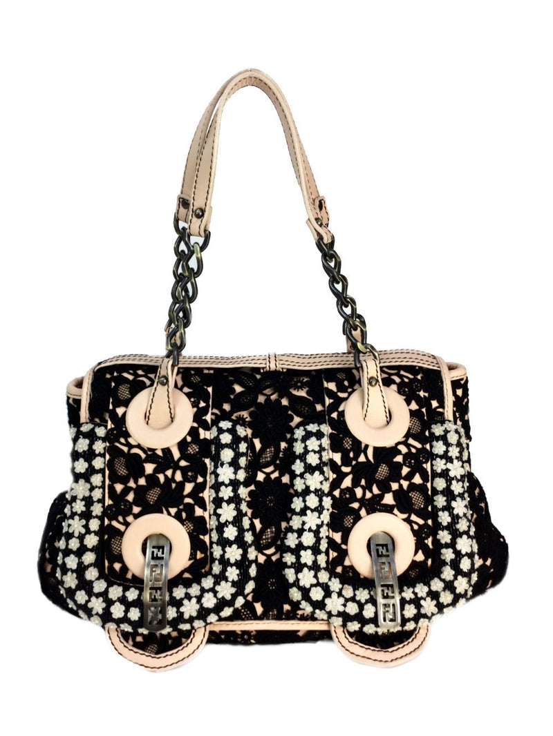 Beaded Nude Leather Black Floral Lace Flap Bag-designer resale