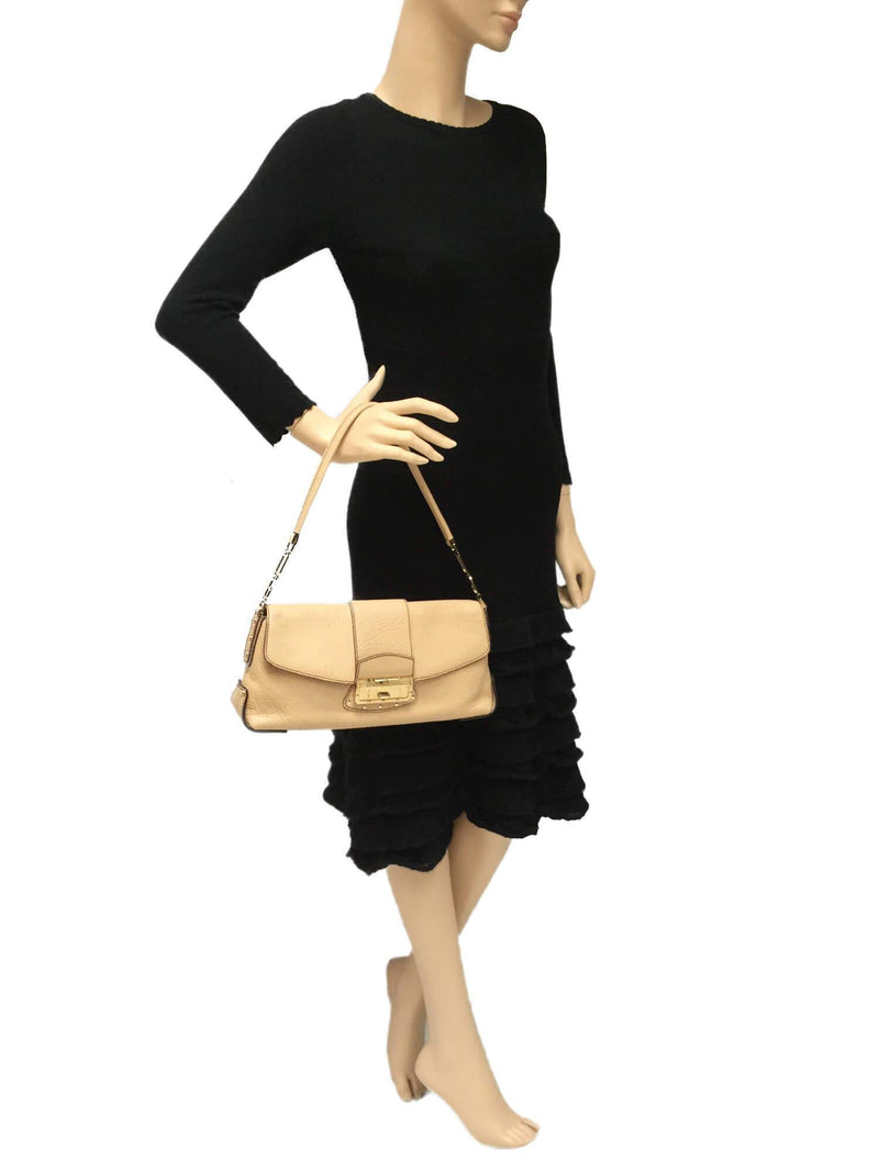 Beige Pebble Leather Flap Bag Gold Hardware-designer resale