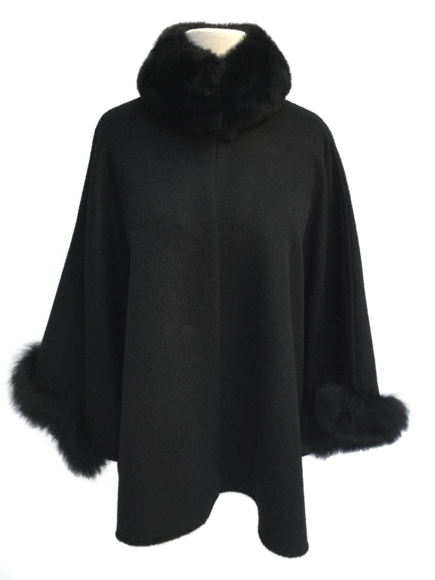 Black Alpaca Cape Coat Fur Collar-designer resale