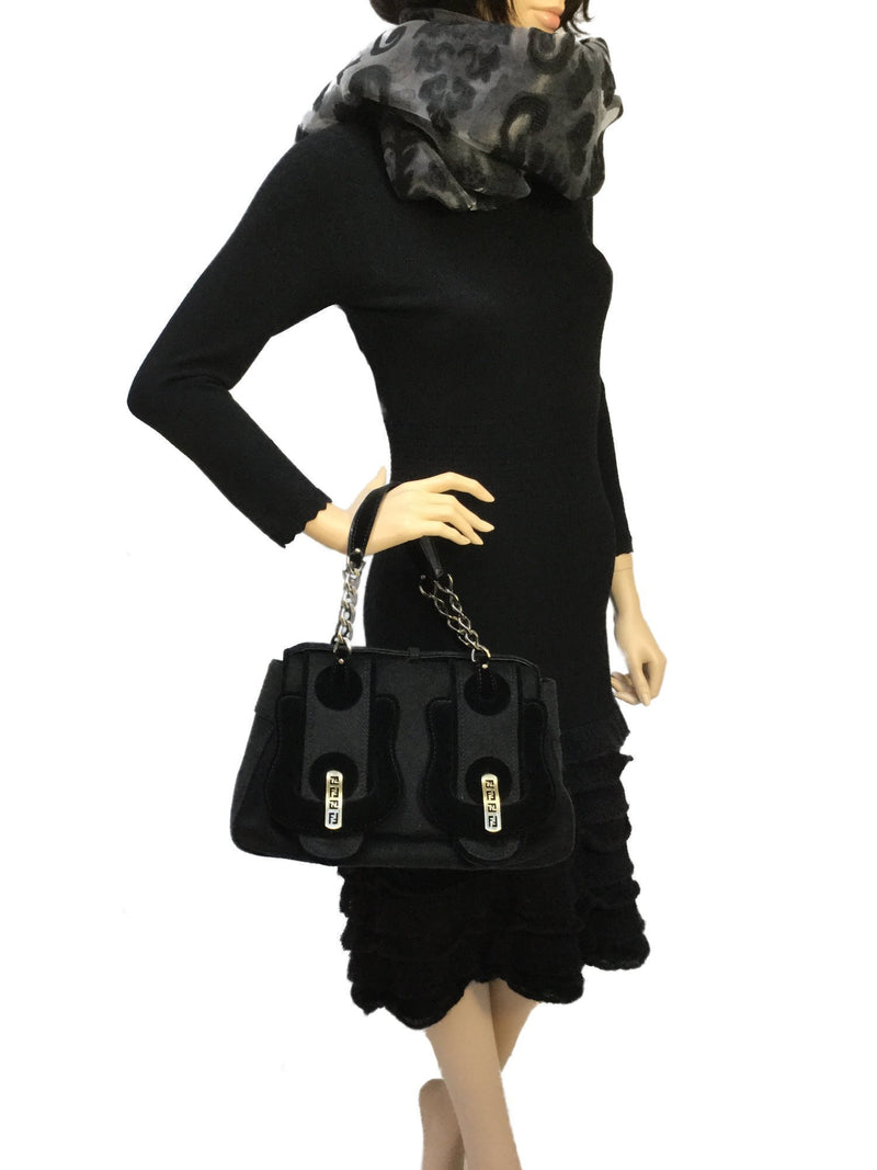 Black Cashmere Velvet Flap Bag Silver Hardware-designer resale