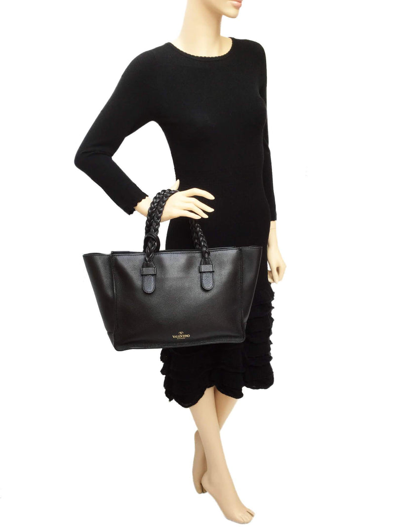 Black Leather Braided Handle Tote Bag with Pouch-designer resale