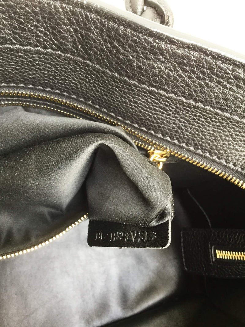 Black Leather Braided Handle Tote Bag with Pouch-designer resale