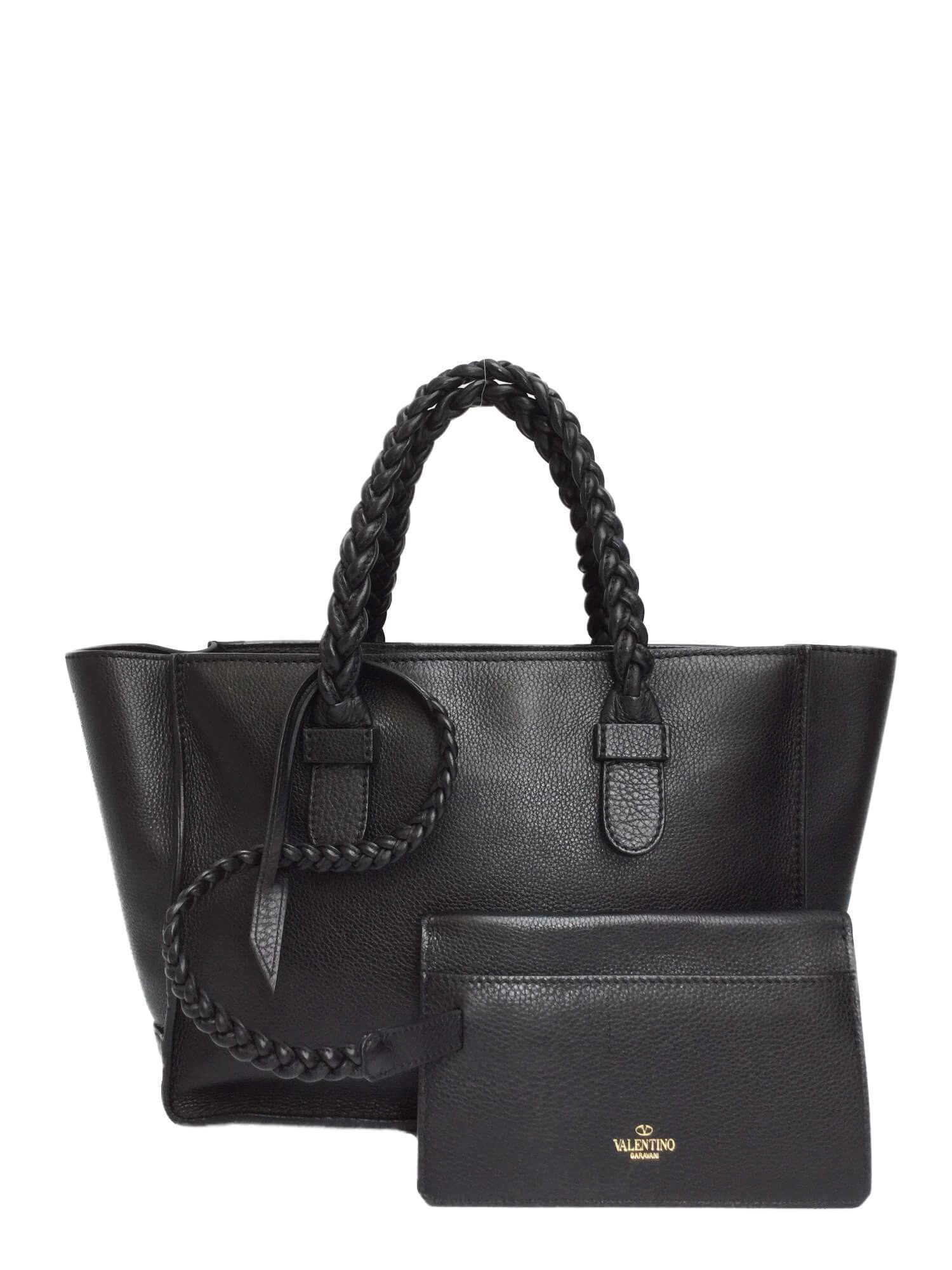 Black Leather Braided Handle Tote Bag with Pouch-designer resale