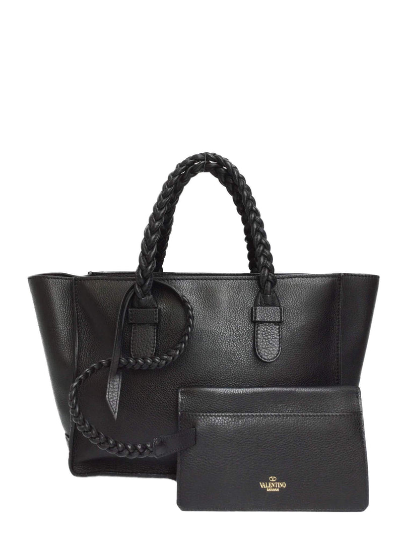 Black Leather Braided Handle Tote Bag with Pouch