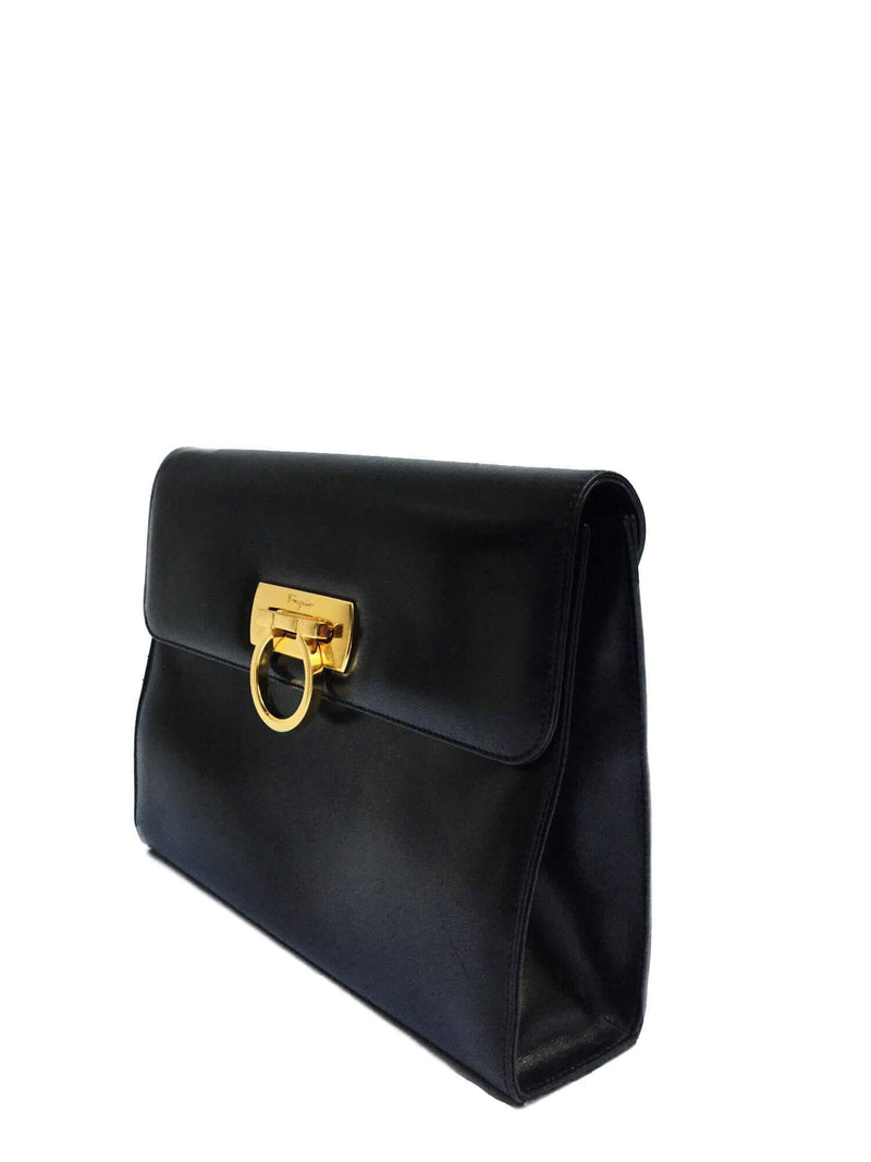 Black Leather Gancini Flap Clutch Bag Gold Hardware